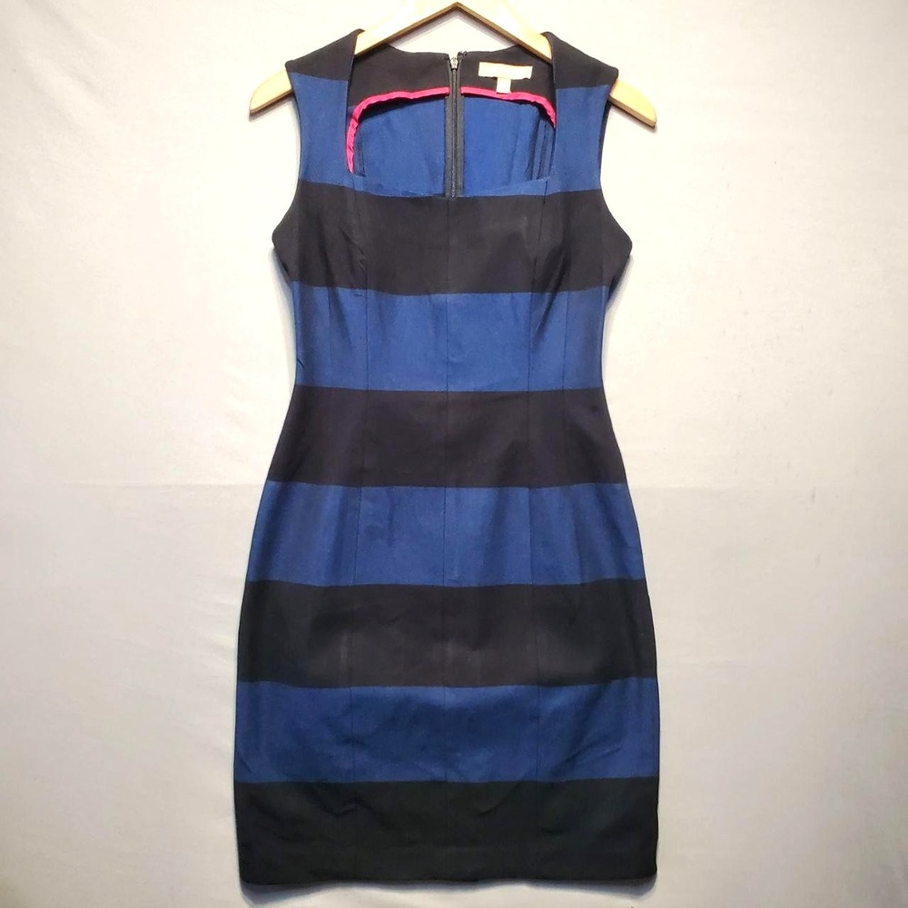 Banana Republic Dress Women 6 Blue Black Sloan Rugby Stripe Sheath Square Neck